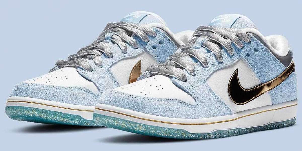 Sean Cliver x Nike SB Dunk Low White Psychic Blue Metallic Gold for Sale Picture